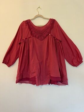 Ewa I Walla Women's Boho Lace Yoke Peasant Top - Red/Pink Size Small